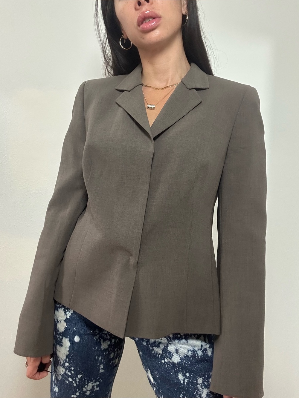 Akris Gray Wool Pleated Back Tailored Blazer Collared V-neck Size 10